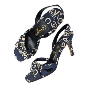 Vintage Chanel slingback sandal heels square toe navy white CC logo print 39